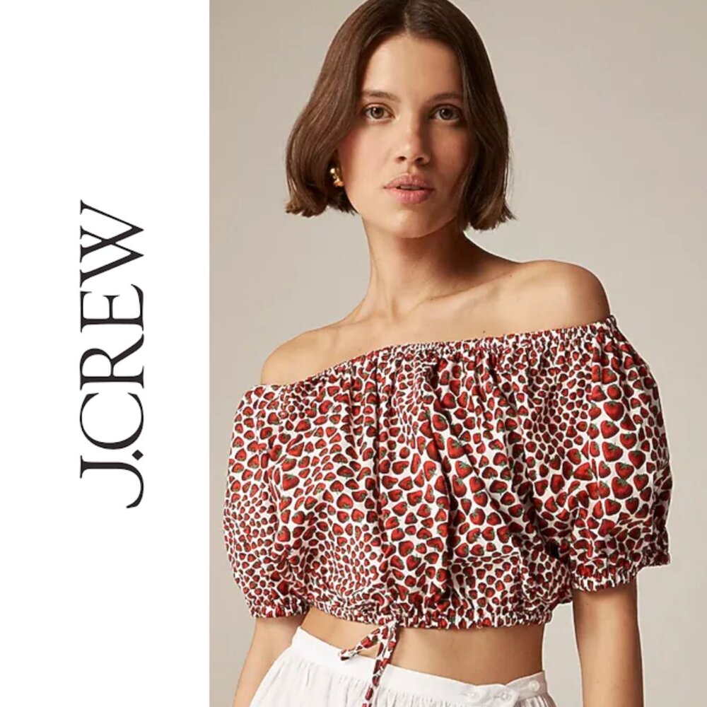 NWT J. Crew Strawberry Swirl Cotton Poplin Cinched Waist Crop Top